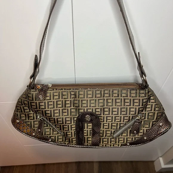 Y2K Monogram Shoulder Bag Brown Snakeskin Trim Fiorelli Vintage 2000s - Picture 6 of 10